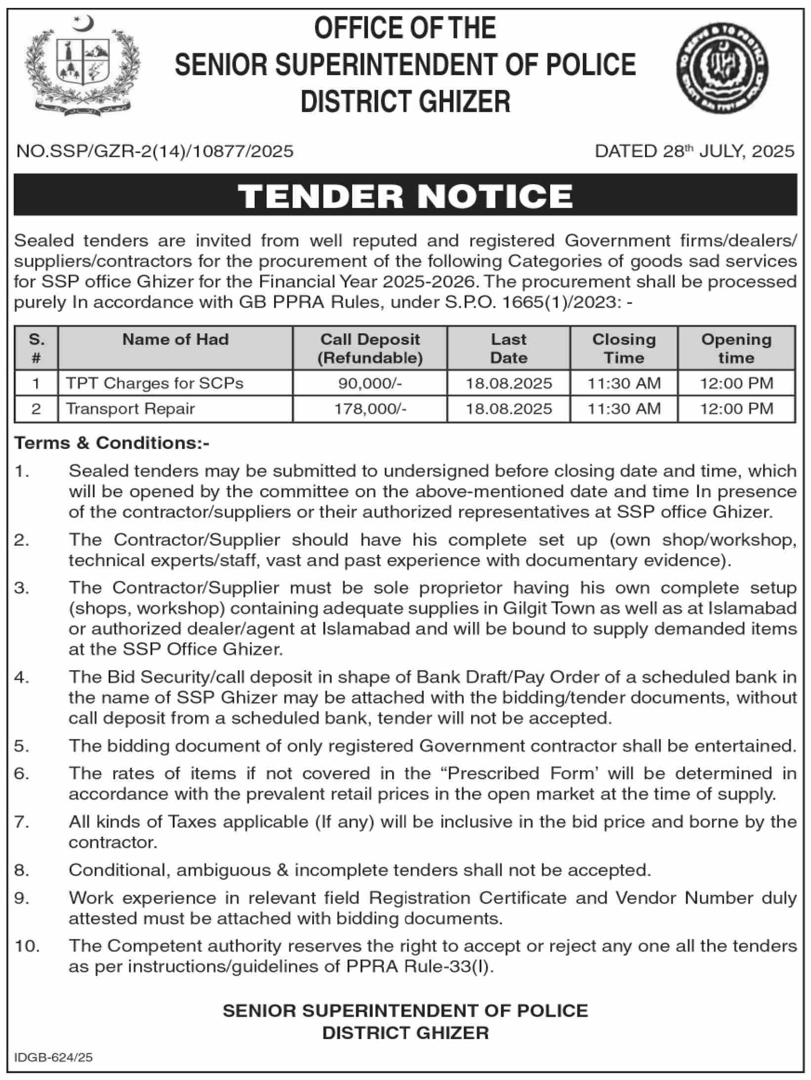 Police Department Ghizer Tender Notice